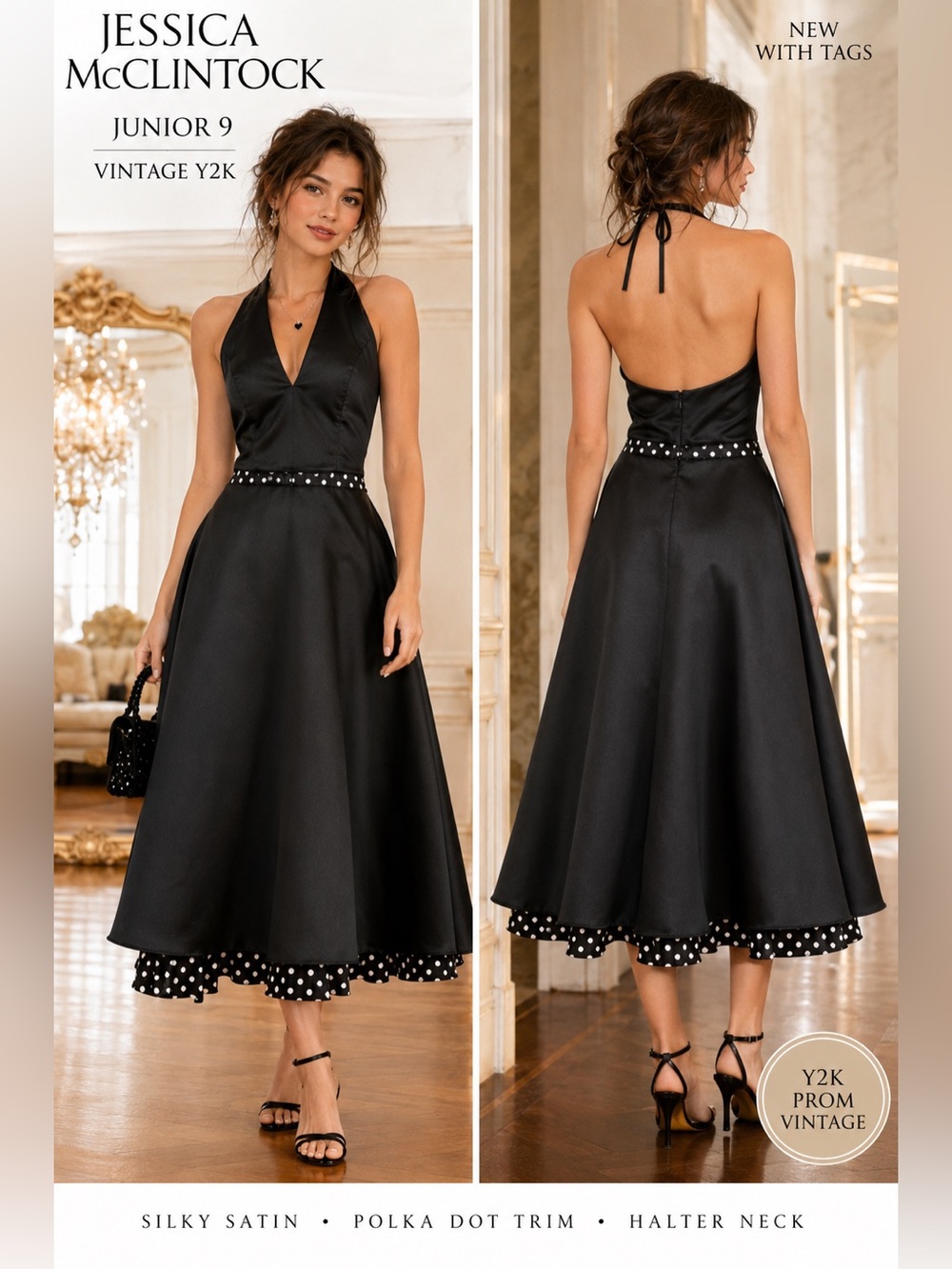 Jessica McClintock for Gunne Sax dress jr.9 women 6 black white polka dots y2k
